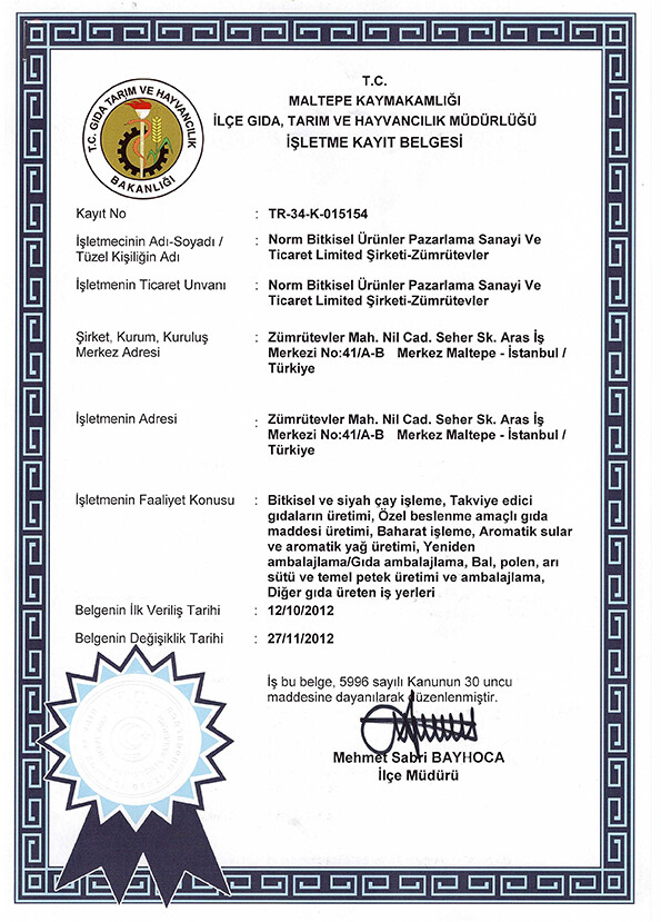 Norm Bitkisel İşletme Kayıt Belgesi